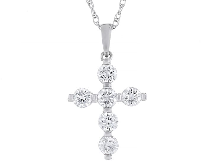 White Lab-Grown Diamond F SI Rhodium Over Sterling Silver Cross Pendant With 18" Rope Chain 1.00ctw