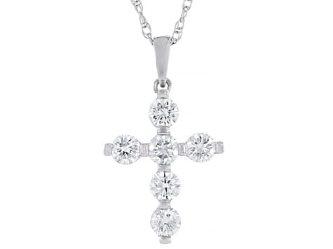 White Lab-Grown Diamond F SI Rhodium Over Sterling Silver Cross Pendant With 18" Rope Chain 1.00ctw
