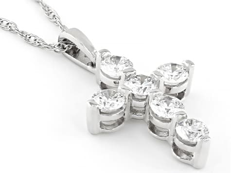 White Lab-Grown Diamond F SI Rhodium Over Sterling Silver Cross Pendant With 18" Rope Chain 1.00ctw