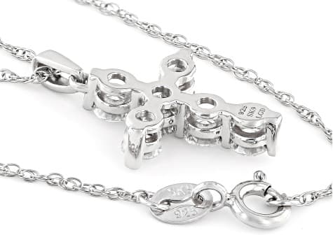 White Lab-Grown Diamond F SI Rhodium Over Sterling Silver Cross Pendant With 18" Rope Chain 1.00ctw