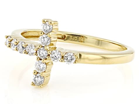 White Lab-Grown Diamond H SI 14K Yellow Gold Over Sterling Silver Cross Ring 0.33ctw