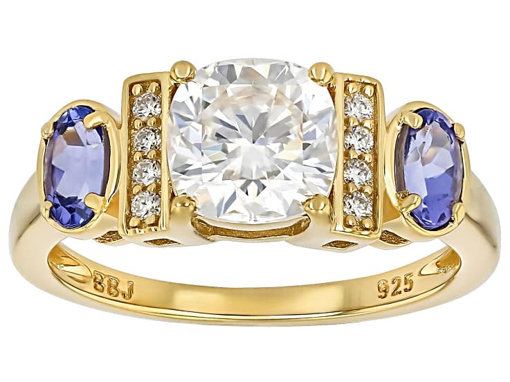 Moissanite And Tanzanite 14k Yellow Gold Over Sterling Silver Ring 1.78ctw DEW