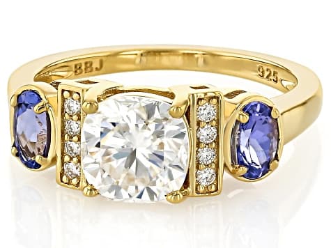 Moissanite And Tanzanite 14k Yellow Gold Over Sterling Silver Ring 1.78ctw DEW