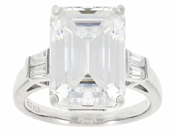 Emerald Cut and Baguette Moissanite Platineve Ring 10.24ctw DEW.
