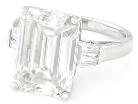 Emerald Cut and Baguette Moissanite Platineve Ring 10.24ctw DEW.