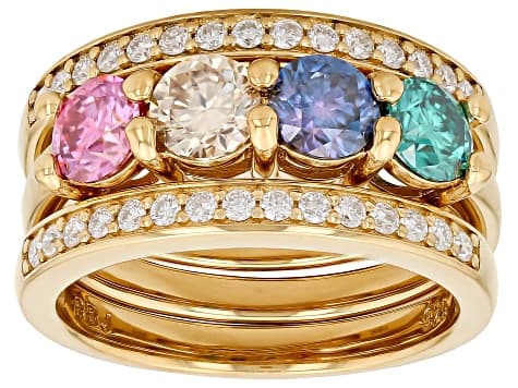 Colorless And Multi Color Moissanite 14k Yellow Gold Over Silver Ring With Two Bands 2.60ctw DEW