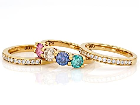 Colorless And Multi Color Moissanite 14k Yellow Gold Over Silver Ring With Two Bands 2.60ctw DEW