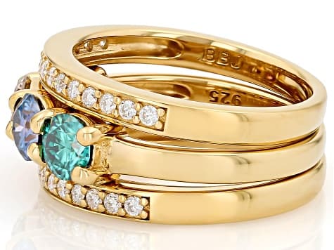 Colorless And Multi Color Moissanite 14k Yellow Gold Over Silver Ring With Two Bands 2.60ctw DEW