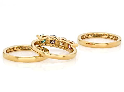Colorless And Multi Color Moissanite 14k Yellow Gold Over Silver Ring With Two Bands 2.60ctw DEW