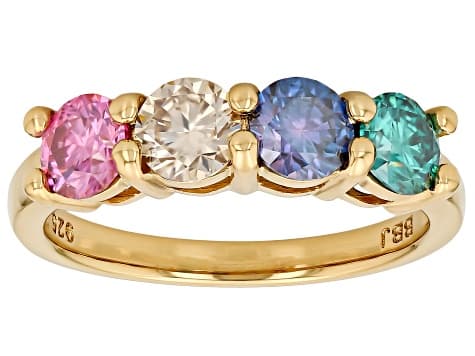 Colorless And Multi Color Moissanite 14k Yellow Gold Over Silver Ring With Two Bands 2.60ctw DEW