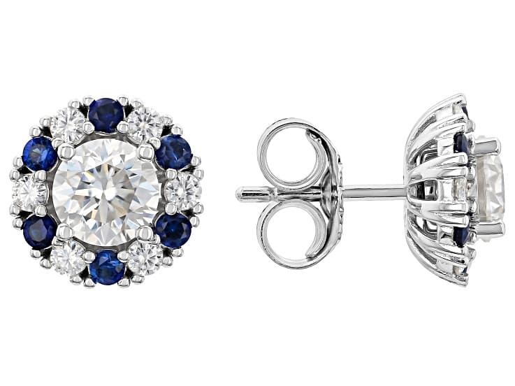 Moissanite And Blue Lab Created Sapphire Platineve Earrings With Jacket 1.96ctw DEW