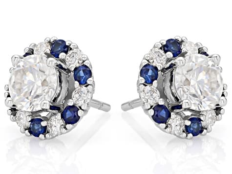 Moissanite And Blue Lab Created Sapphire Platineve Earrings With Jacket 1.96ctw DEW