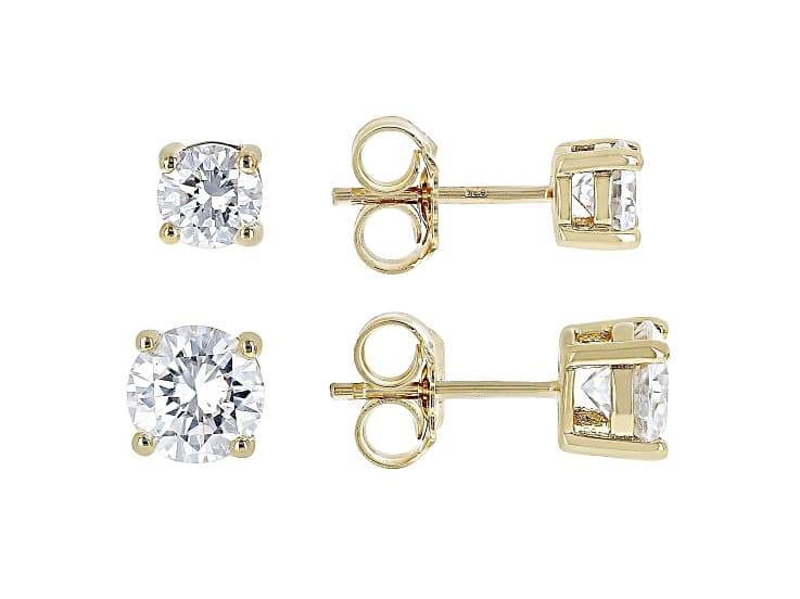 Moissanite 14K Yellow Gold Over Sterling Silver Set Of Two Pair Stud Earrings 3.00ctw DEW