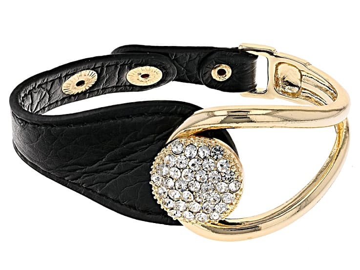 White Crystal and Black Imitation Leather Gold Tone Bracelet