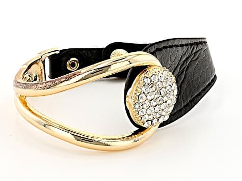 White Crystal and Black Imitation Leather Gold Tone Bracelet