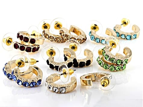 Multi-Color Crystal Gold Tone Set of 7 Huggie Earrings 3mm