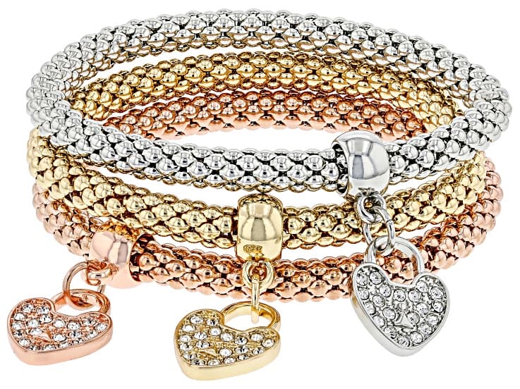 Crystal Tri-Color Heart Charm 6mm Popcorn Chain Stretch Bracelets Set of 3
