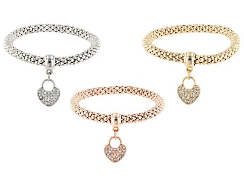 Crystal Tri-Color Heart Charm 6mm Popcorn Chain Stretch Bracelets Set of 3