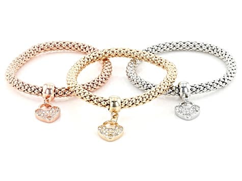 Crystal Tri-Color Heart Charm 6mm Popcorn Chain Stretch Bracelets Set of 3