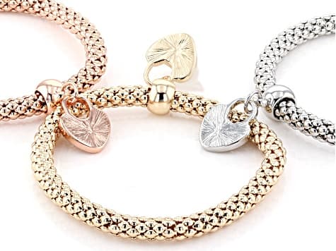 Crystal Tri-Color Heart Charm 6mm Popcorn Chain Stretch Bracelets Set of 3