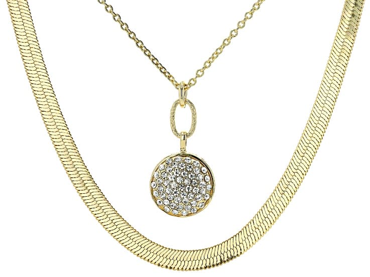 White Crystal Gold Tone 1.5mm Oval Cable & 7.5mm Herringbone Layered Necklace