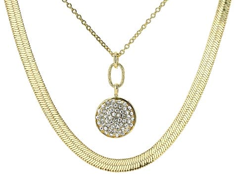 White Crystal Gold Tone 1.5mm Oval Cable & 7.5mm Herringbone Layered Necklace