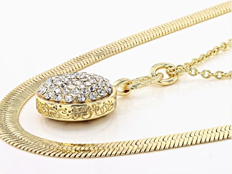 White Crystal Gold Tone 1.5mm Oval Cable & 7.5mm Herringbone Layered Necklace