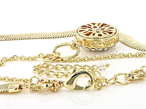 White Crystal Gold Tone 1.5mm Oval Cable & 7.5mm Herringbone Layered Necklace