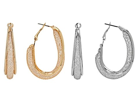 Crystal Gold and Silver Tone Set of 2 Hoop Earrings