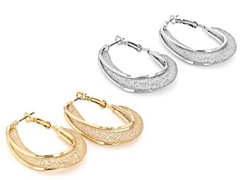 Crystal Gold and Silver Tone Set of 2 Hoop Earrings