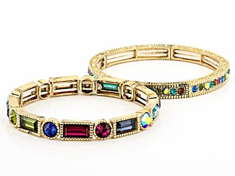 Multicolor Crystal Gold Tone Stretch Bracelet Set Of 6