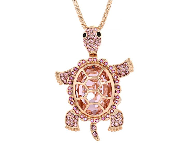 Pink & Black Crystal Gold Tone Turtle Pendant With Chain