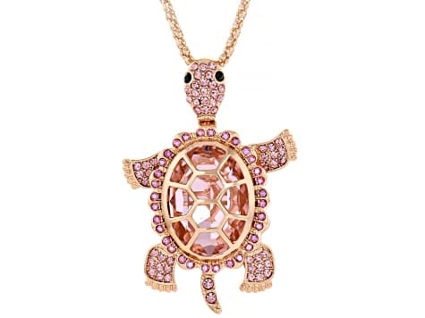 Pink & Black Crystal Gold Tone Turtle Pendant With Chain