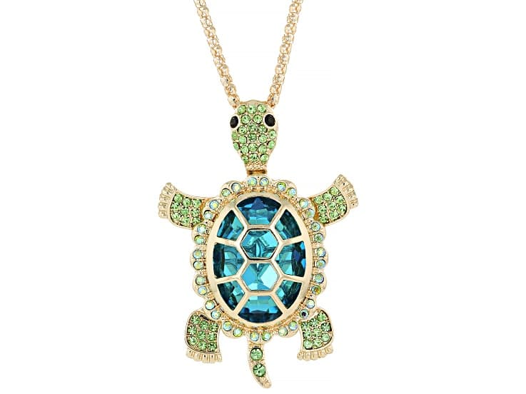 Blue, Green & Black Crystal Gold Tone Turtle Pendant With Chain