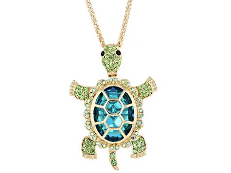Blue, Green & Black Crystal Gold Tone Turtle Pendant With Chain