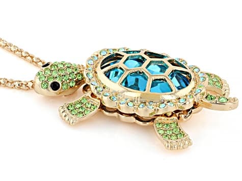 Blue, Green & Black Crystal Gold Tone Turtle Pendant With Chain