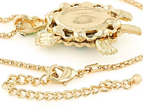 Blue, Green & Black Crystal Gold Tone Turtle Pendant With Chain