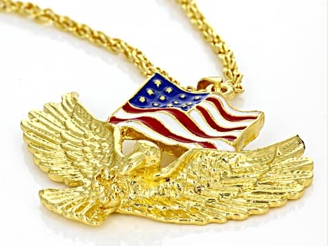 Red, White & Blue Enamel Gold Tone Patriotic Eagle Pendant With 24" Chain