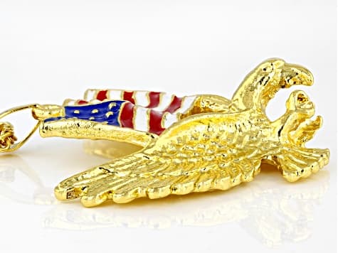 Red, White & Blue Enamel Gold Tone Patriotic Eagle Pendant With 24" Chain