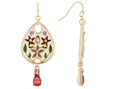 Multi-Color Crystal & Enamel Gold Tone Floral Earrings