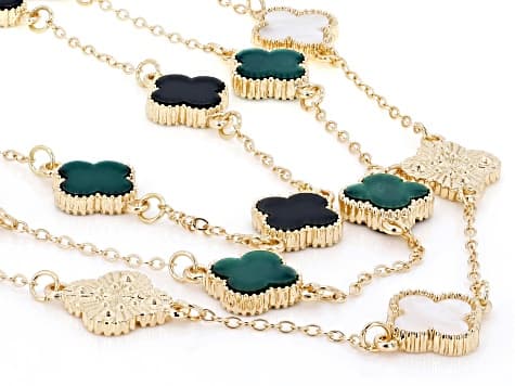 Multi-Color Resin & Crystal Gold Tone Modern Clover Necklaces Set of 3