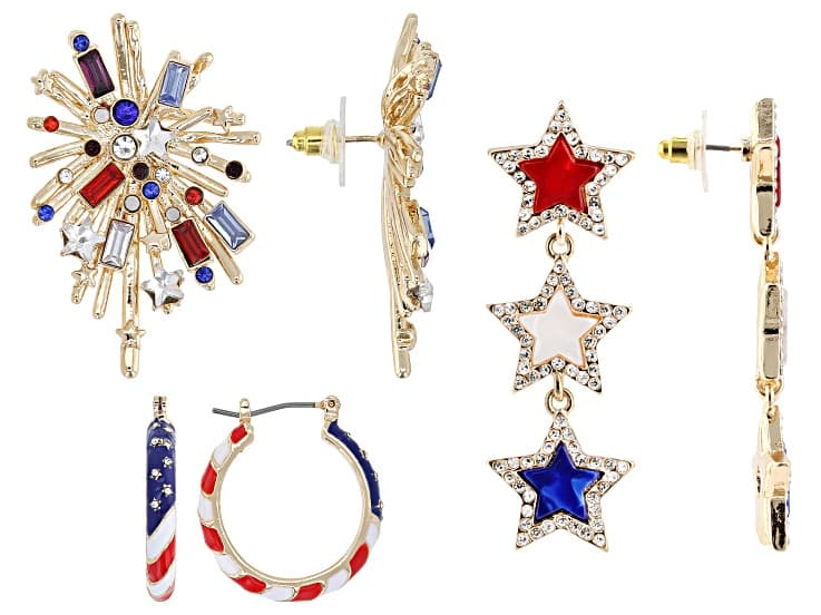 Multi-Color Acrylic Gold Tone Patriotic Earring Set of 3
