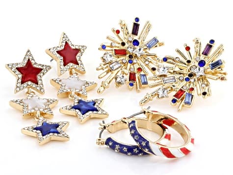 Multi-Color Acrylic Gold Tone Patriotic Earring Set of 3