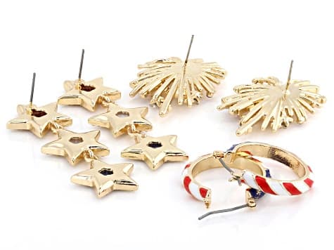 Multi-Color Acrylic Gold Tone Patriotic Earring Set of 3