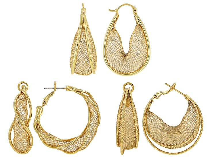 White Crystal Gold Tone Mesh Hoop Earring Set of 3