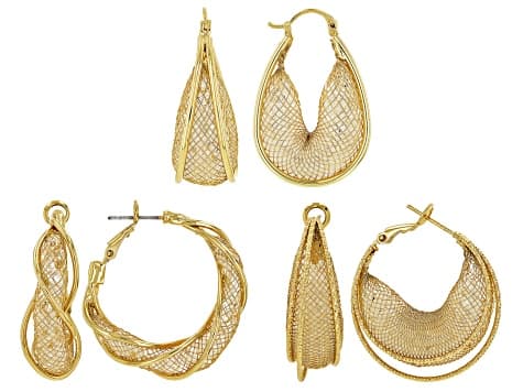 White Crystal Gold Tone Mesh Hoop Earring Set of 3