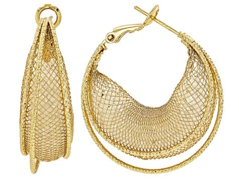 White Crystal Gold Tone Mesh Hoop Earring Set of 3