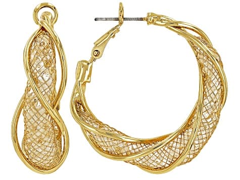 White Crystal Gold Tone Mesh Hoop Earring Set of 3