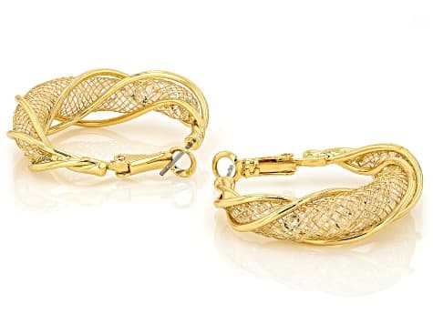 White Crystal Gold Tone Mesh Hoop Earring Set of 3