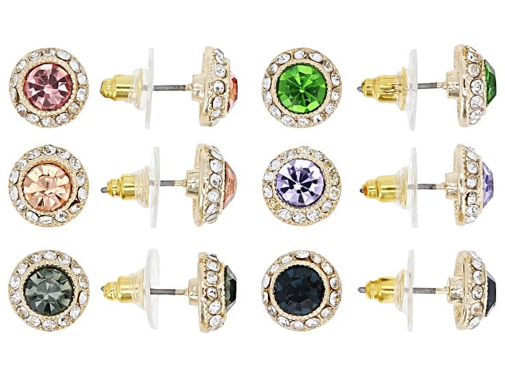 Multi-Color Crystal Gold Tone Halo Stud Earring Set of 6